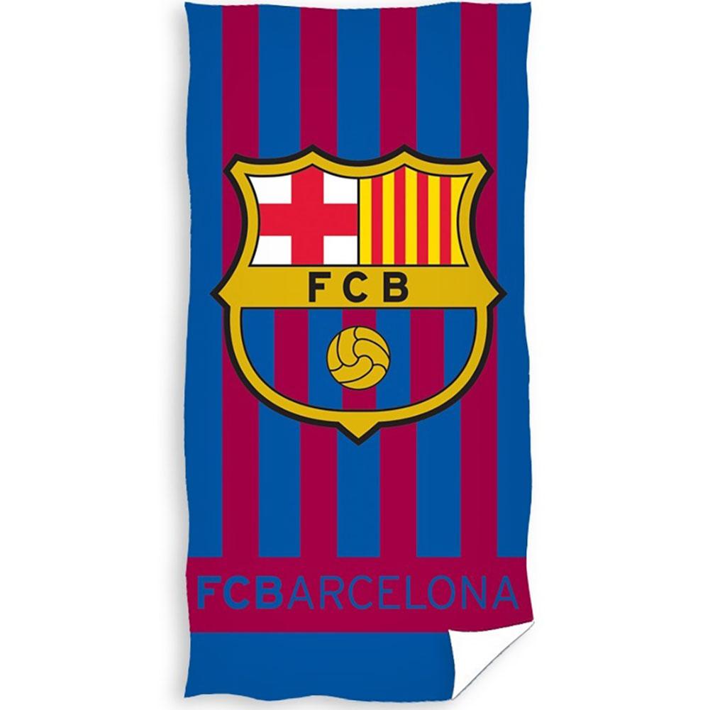 FC Barcelona cotton velour beach towel with a stripe design and a large full colour club crest