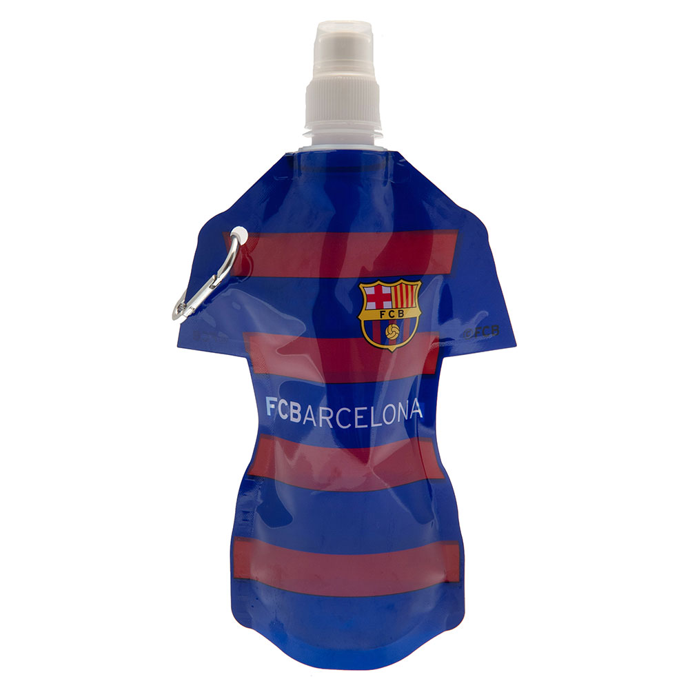Flat FC Barcelona travel sports bottle with a vibrant shirt design and a carabiner clip