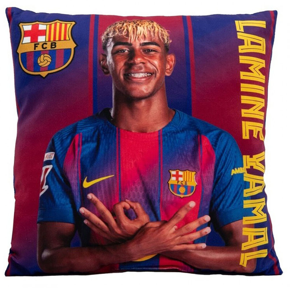 Bright colourful FC Barcelona cushion featuring Lamine Yamal