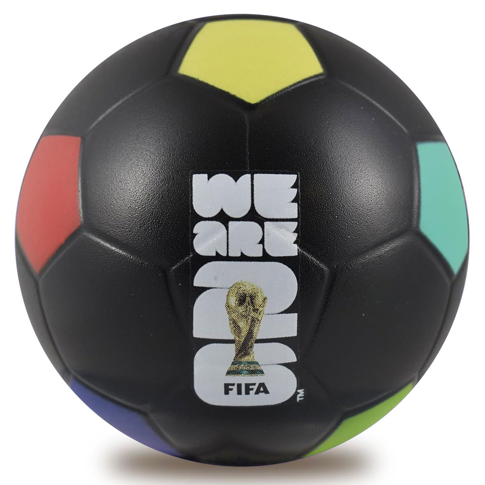 Multi coloured FIFA World Cup 2026 football design stress ball printed with the FIFA World Cup logo