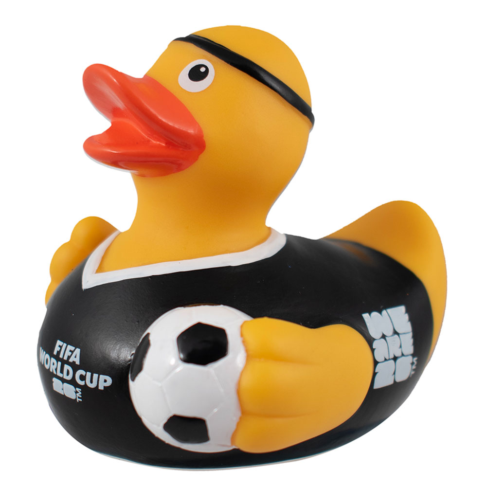 Yellow FIFA World Cup 2026 rubber duck with an orange beak, black referee kit, football and logo