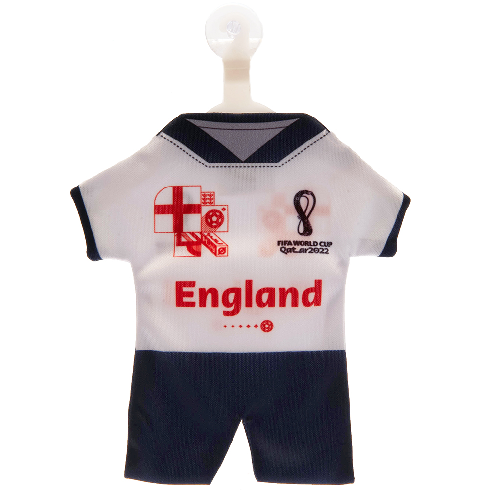 Double sided mini cloth England home kit hang up with the Qatar World Cup logo and a suction pad