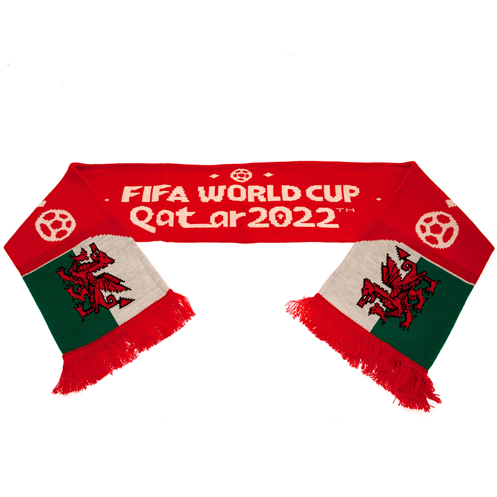 FIFA World Cup Qatar 2022 Wales red jacquard knit scarf with red fringe, event text and Welsh flag