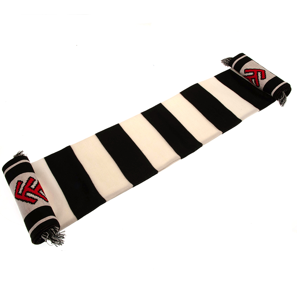 Fulham FC black and white bar stripe jacquard knit scarf with black and white fringe and large crest
