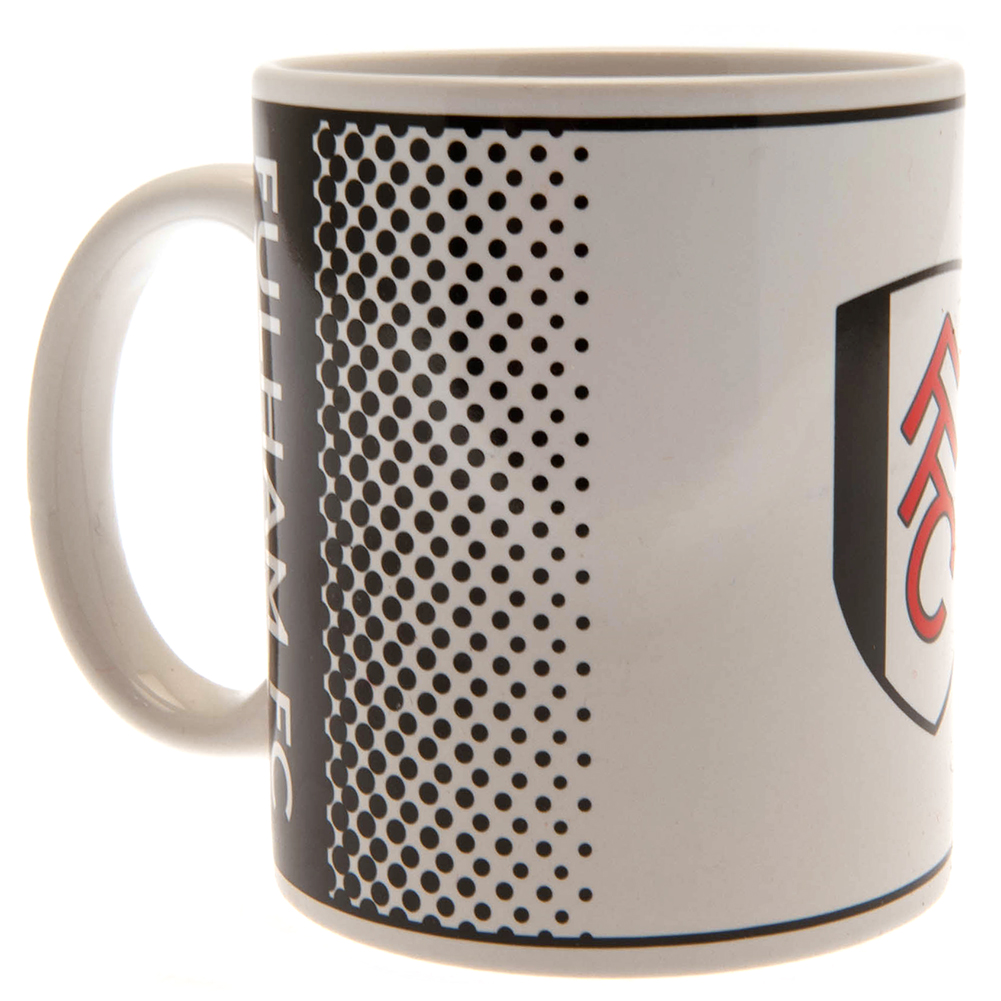 Fulham FC ceramic mug with a fade design featuring Fulham text and the club crest