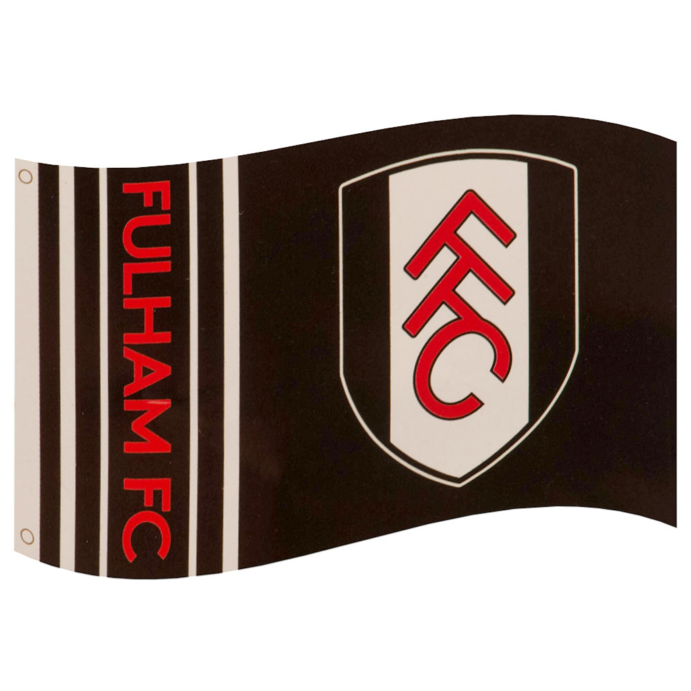 Fulham FC black wordmark flag with a full colour Fulham FC crest, white stripe design and text