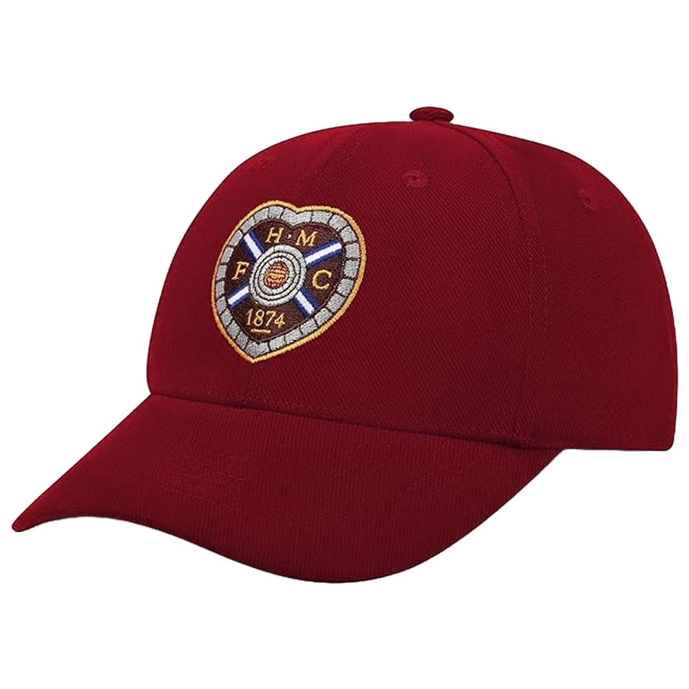 Hearts FC home colour classic curved brim cap with a vibrant woven Hearts logo on the front