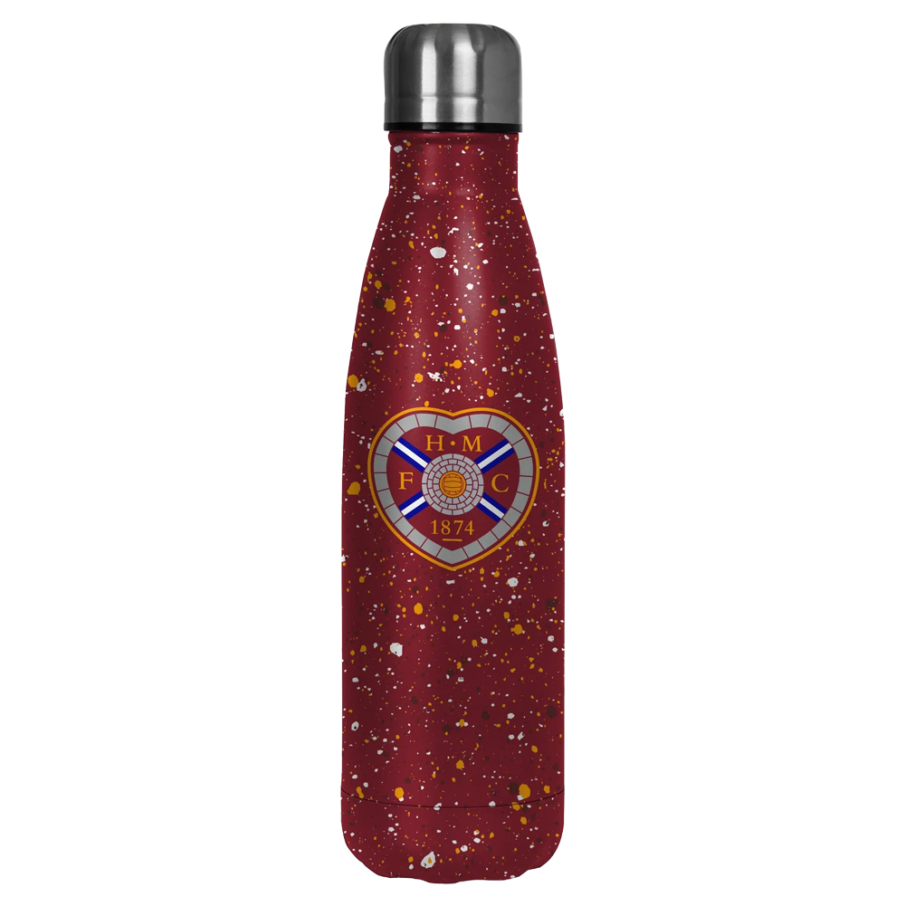Claret Hearts FC thermal flask with a paint splatter design featuring the club crest