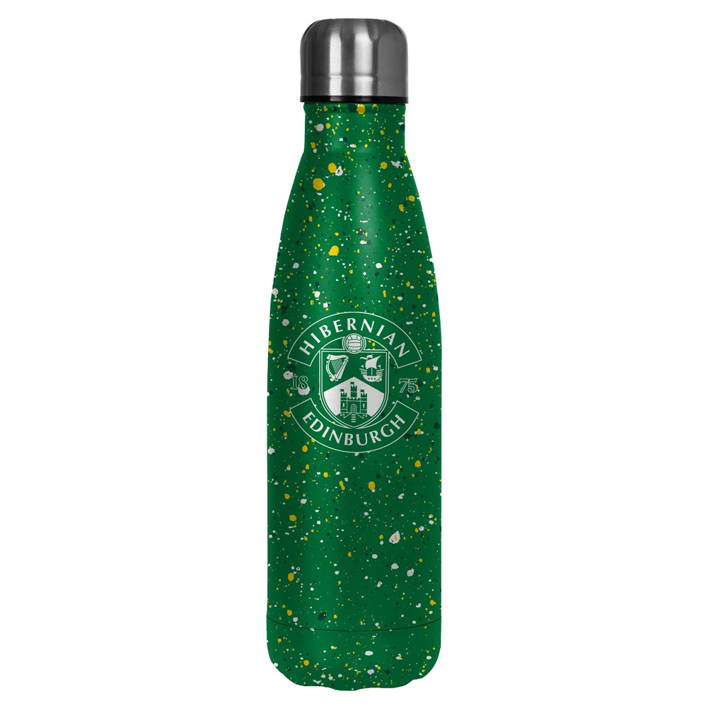 Green Hibernian FC thermal flask with a paint splatter design featuring the club crest