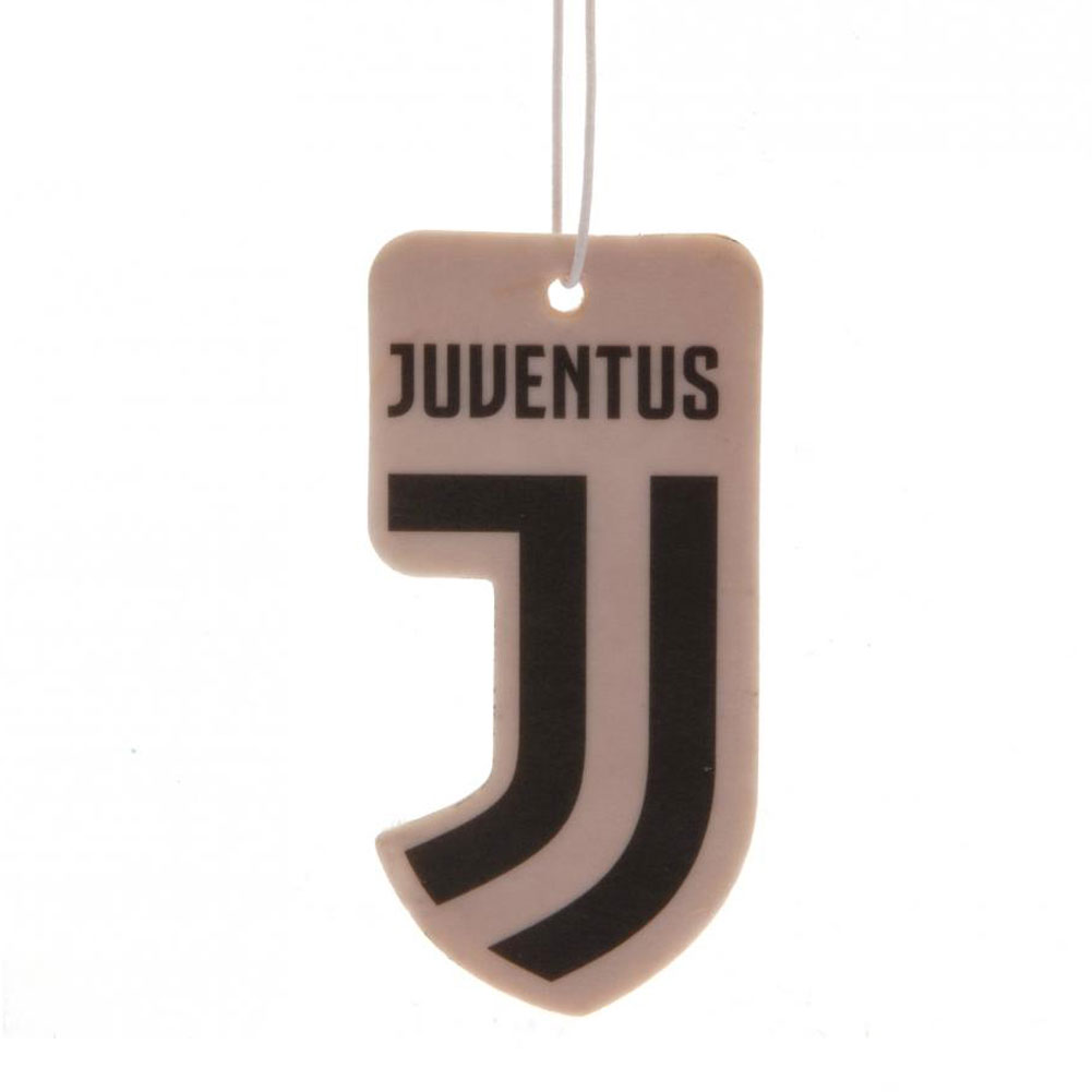Juventus FC crest shaped air freshener with a black and white crest printed on both sides