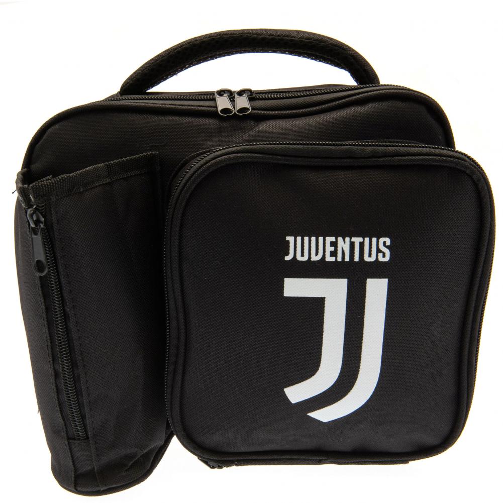Black Juventus FC lunch bag with a large white club crest, zipped pockets and carry handle