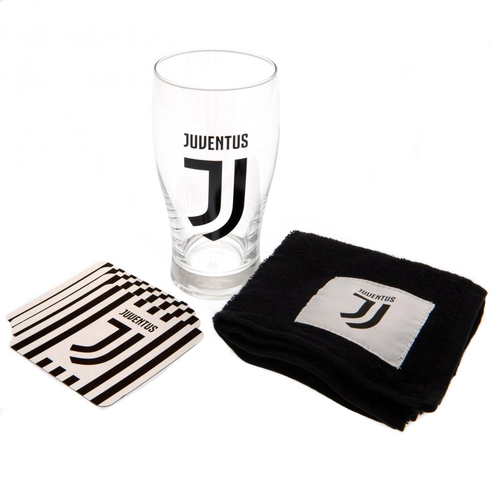 Juventus FC mini bar set with a black crest tulip pint glass, black bar towel and four beer mats