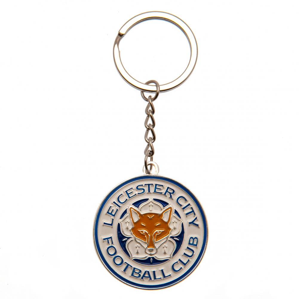 Leicester City metal crest shaped keyring with a die stamped crest, full colour enamel infill and chain