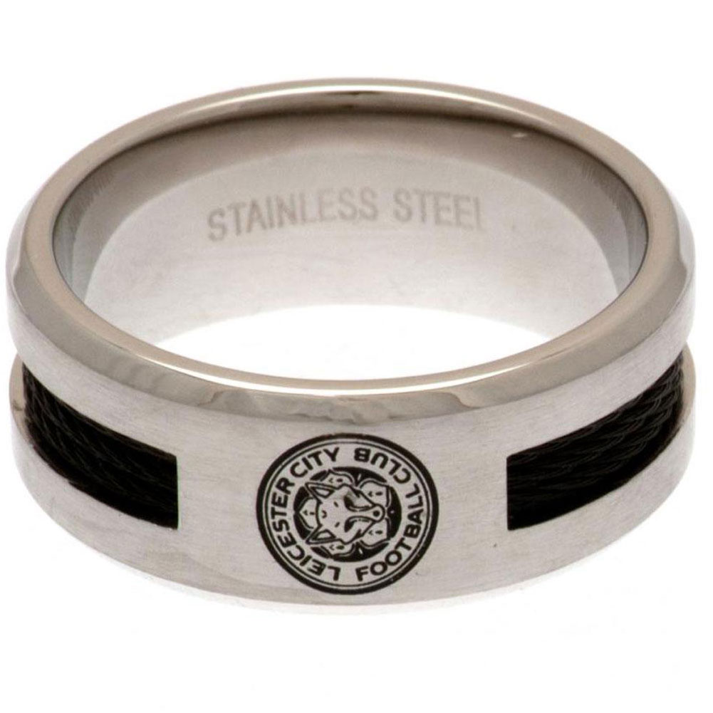 Leicester City FC stainless steel ring with a black rope insert, brushed satin finish and engraved crest