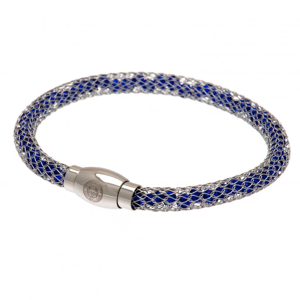 Leicester City FC bracelet with blue beads caged in stainless steel mesh and an engraved club crest clasp