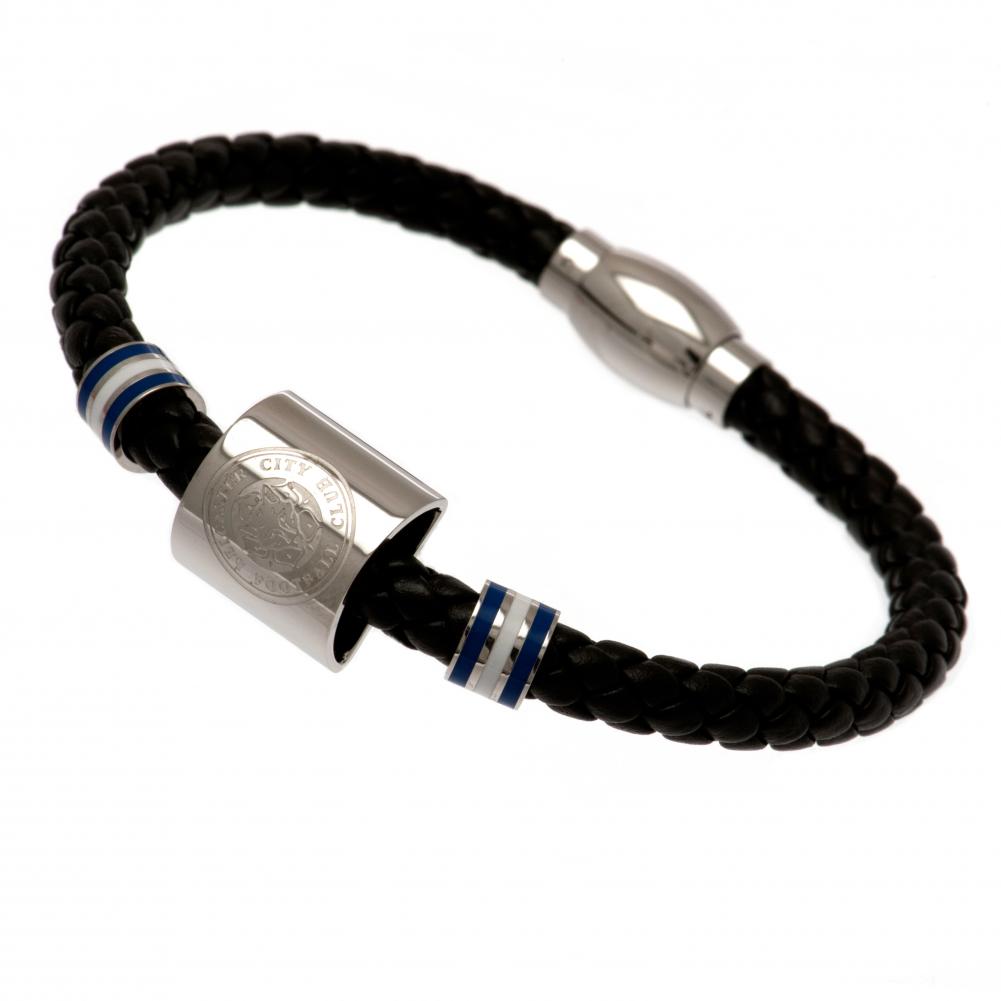 Leicester City FC black genuine leather rope bracelet with steel colour rings and an engraved club crest