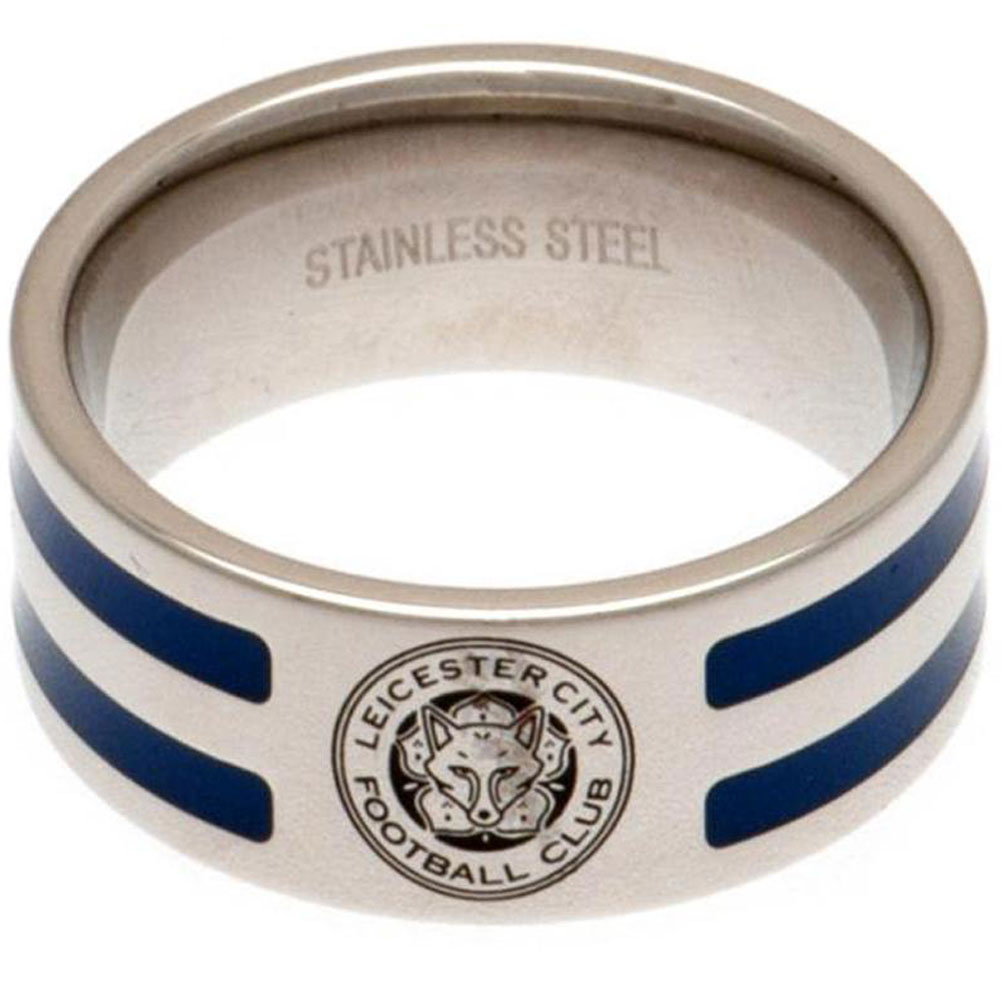 Leicester City FC stainless steel ring with blue colour inserts, a chrome finish and engraved crest