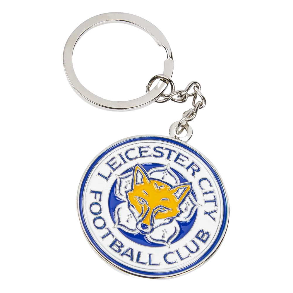 Leicester City FC crest shaped metal keyring with vibrant red enamel infill and a silver style finish