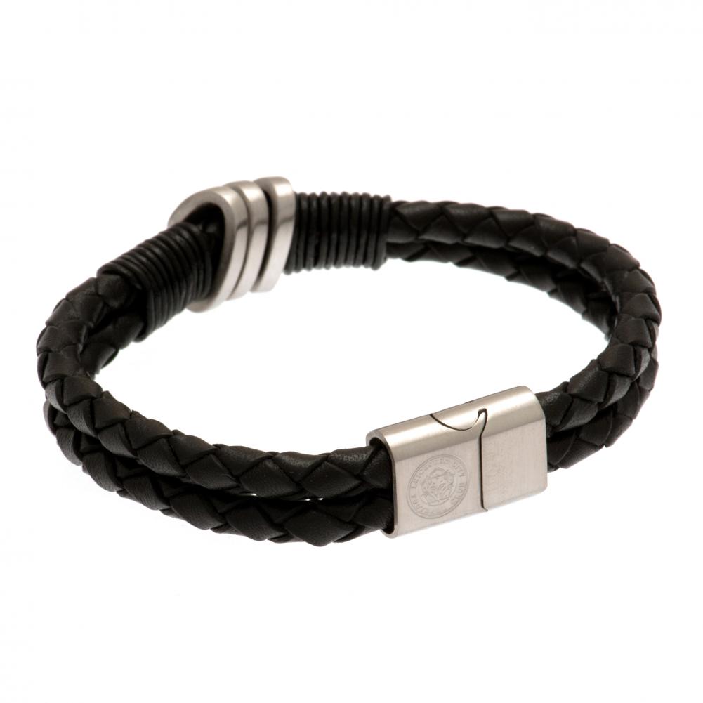 Leicester City FC black twin rope leather bracelet with a stainless steel magnetic clasp and engraved crest