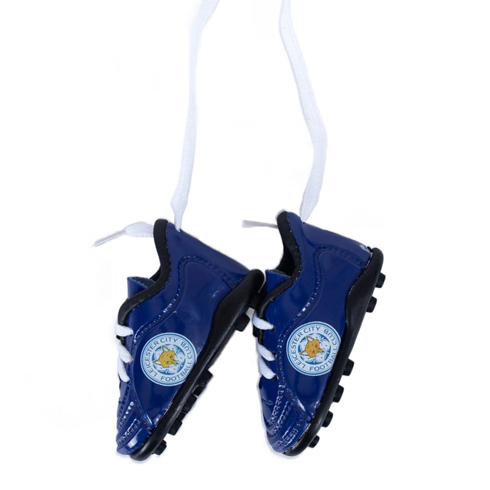 Pair of blue Leicester City mini football boots with laces and a printed crest on each side