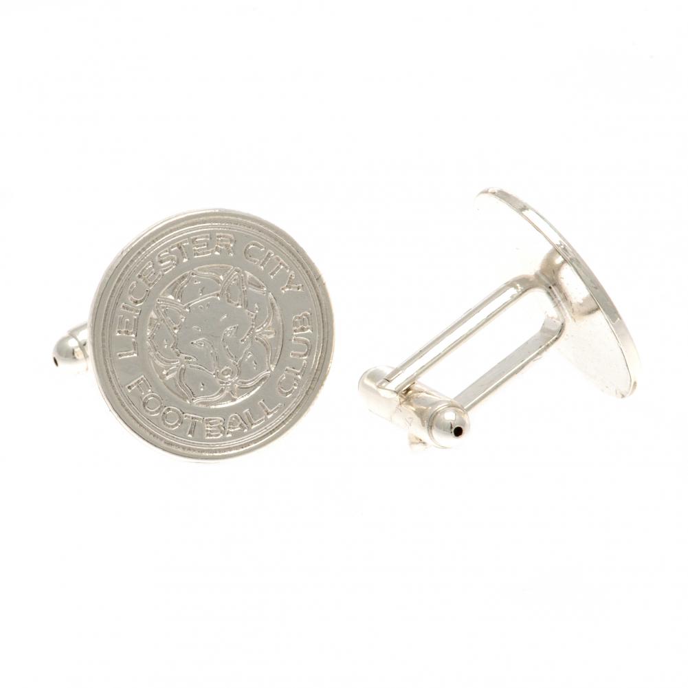 Pair of Leicester City FC silver plated chrome crest shaped cufflinks with a formed Leicester crest