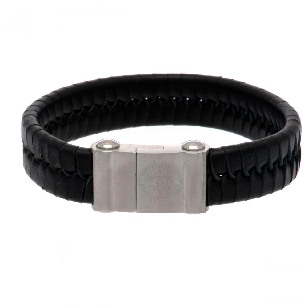 Leicester City FC single plait black leather bracelet with a stainless steel magnetic clasp and crest
