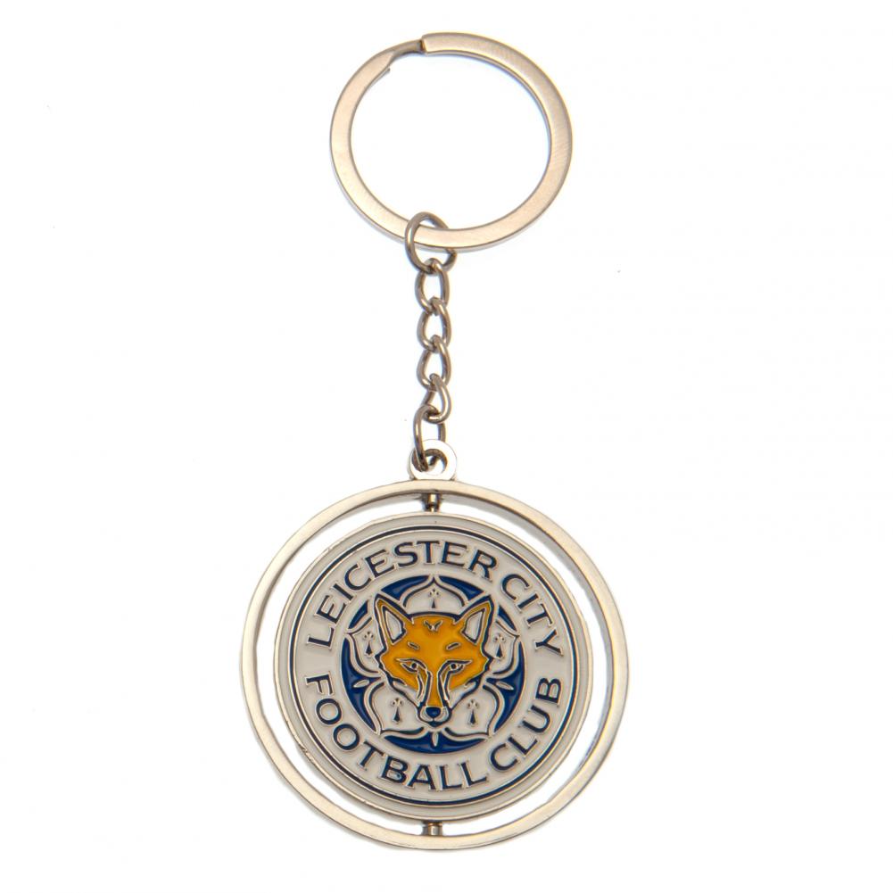 Leicester City FC silver style metal spinner keyring with a spinning charm and full colour enamel crest