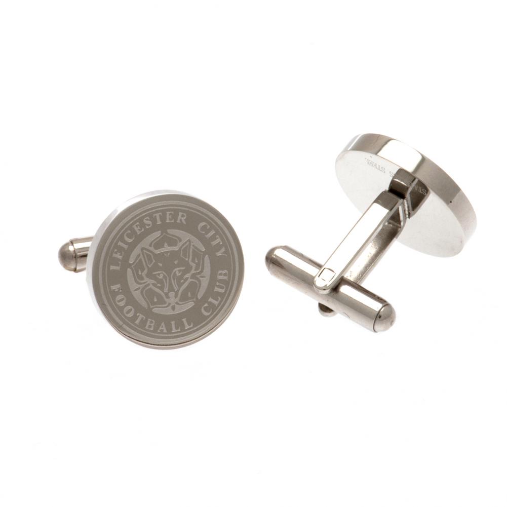 Pair of Leicester City FC stainless steel chrome crest shaped cufflinks with a formed Leicester crest