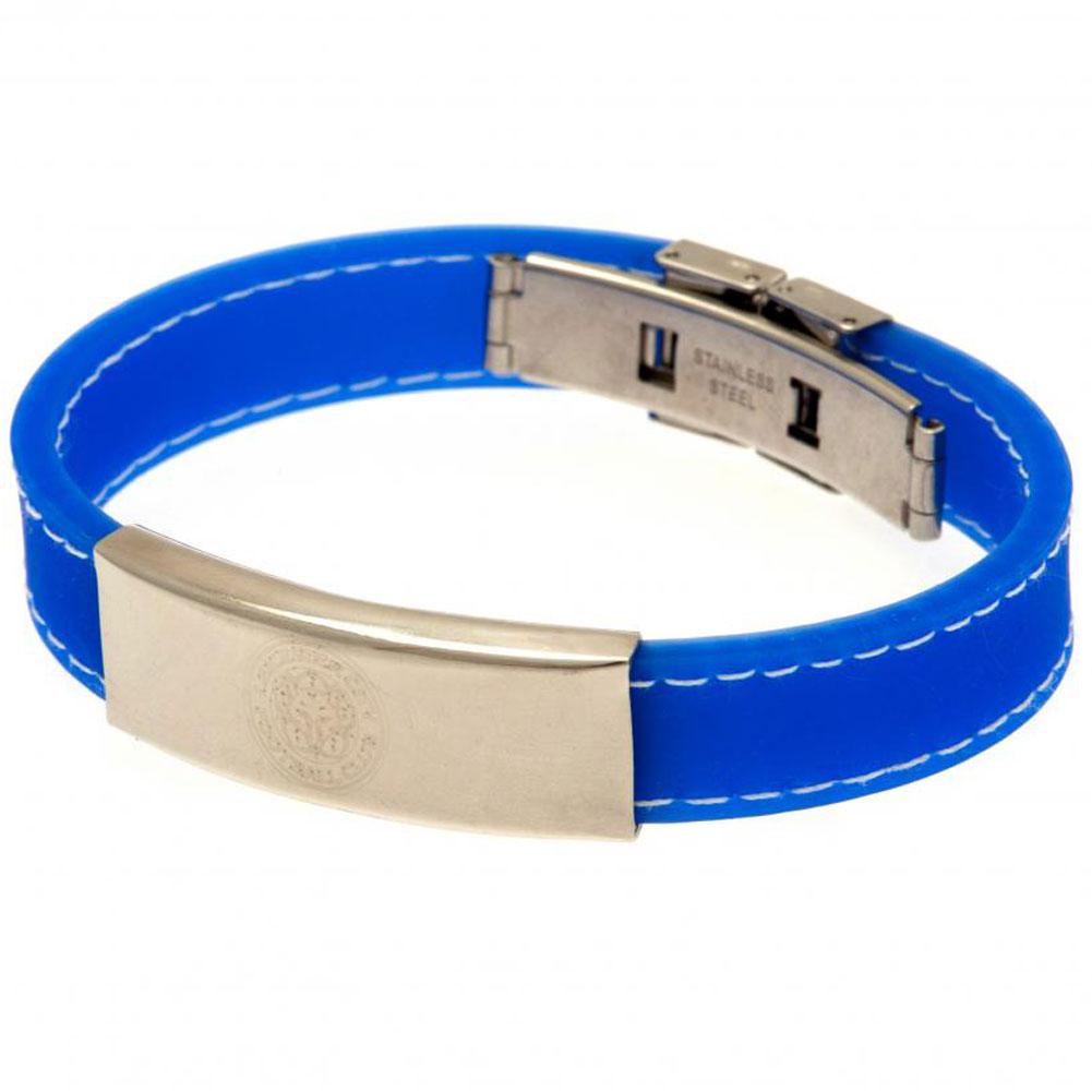 Leicester City FC blue silicone bracelet with white stitching and a stainless steel club logo plate