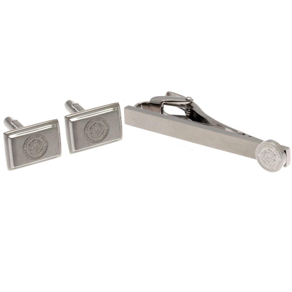 Leicester City FC stainless steel tie slide and satin finish cufflinks set with the club crest