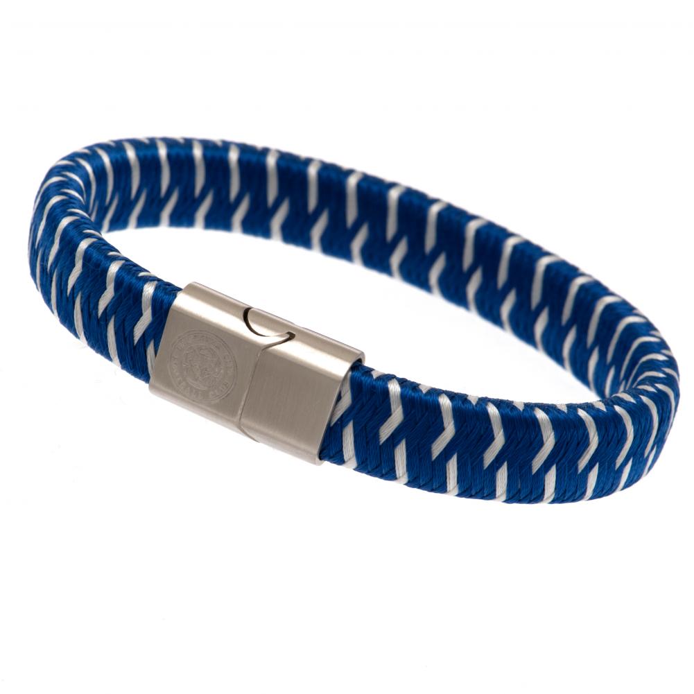 Leicester City FC dual colour woven fabric bracelet with a stainless steel magnetic clasp and engraved crest
