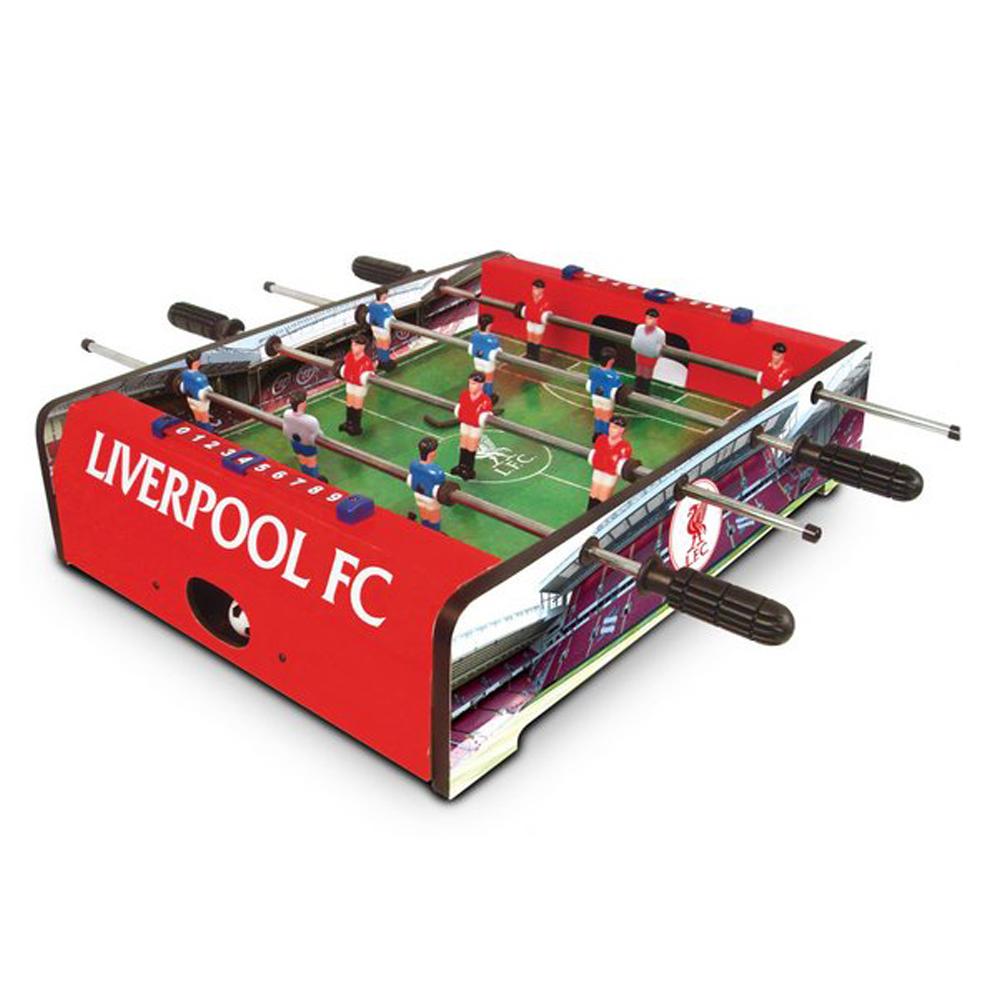 Liverpool FC table top football game with a grass effect pitch, stadium graphics and red or blue players