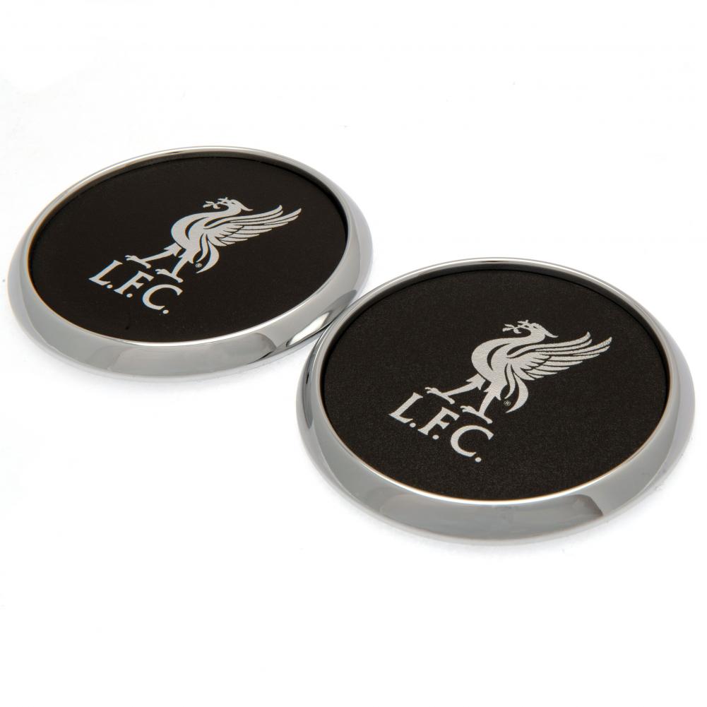 Pair of Liverpool FC padded PU coasters with a silver colour Liverbird and polished raised edge