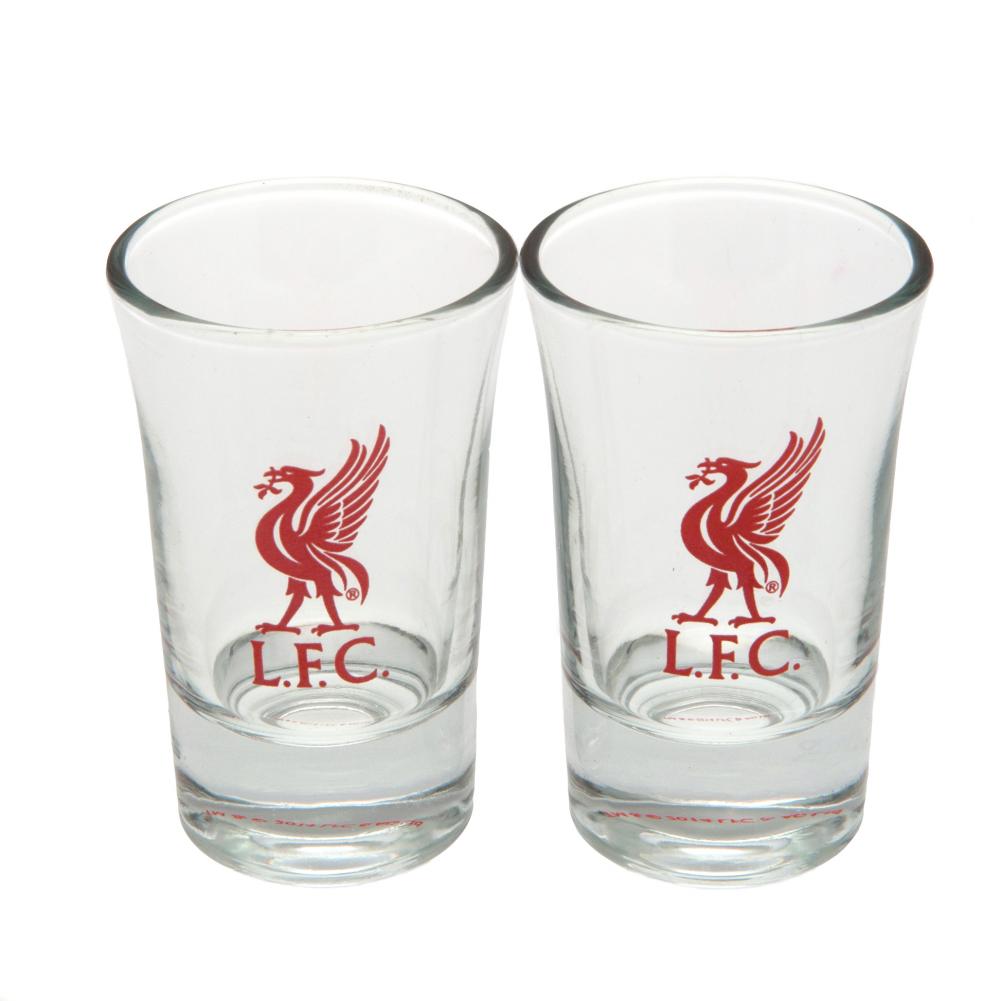 Pair of Liverpool FC shot glasses with the club crest in red