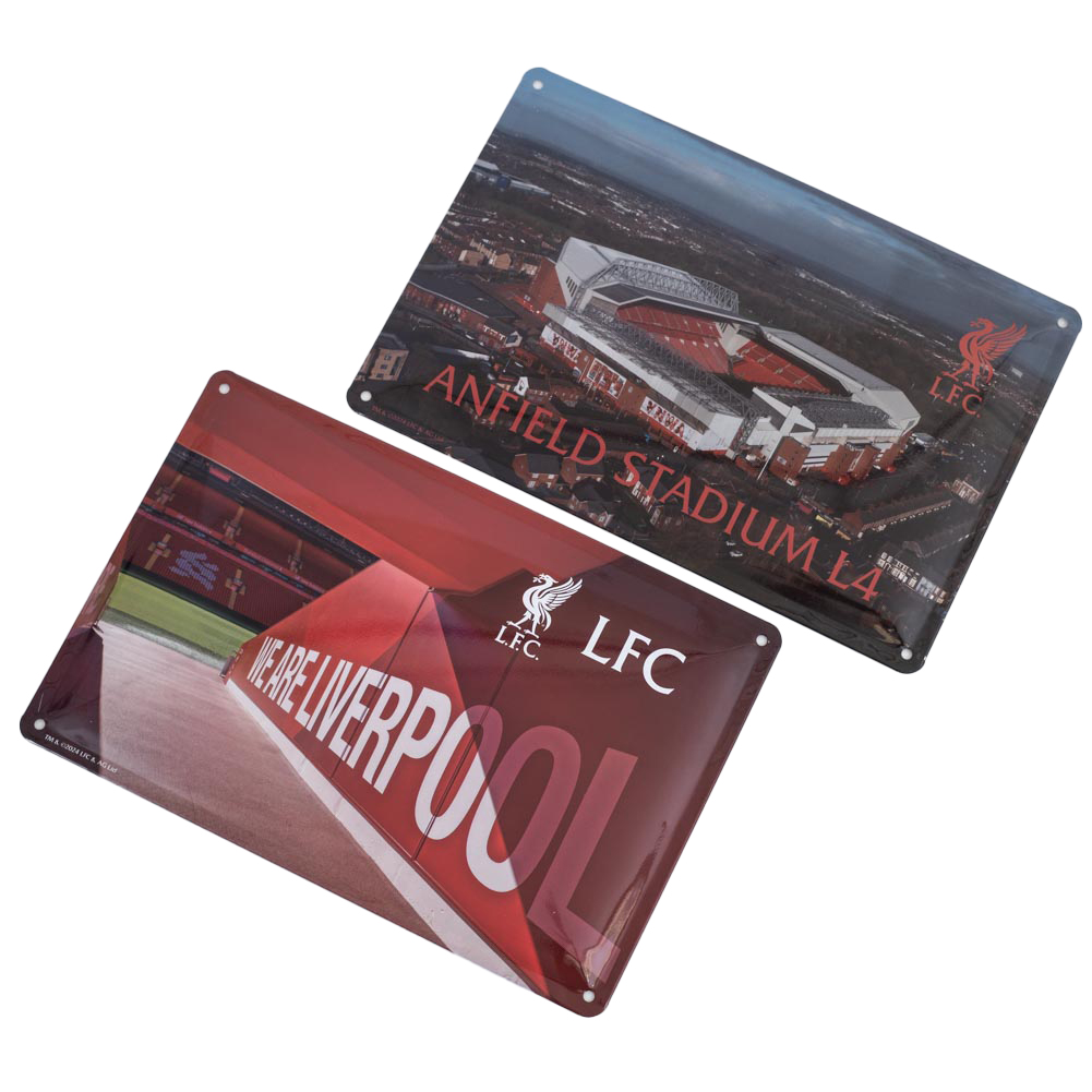 Pair of Liverpool FC metal stadium photo signs each including an LFC Liverbird crest