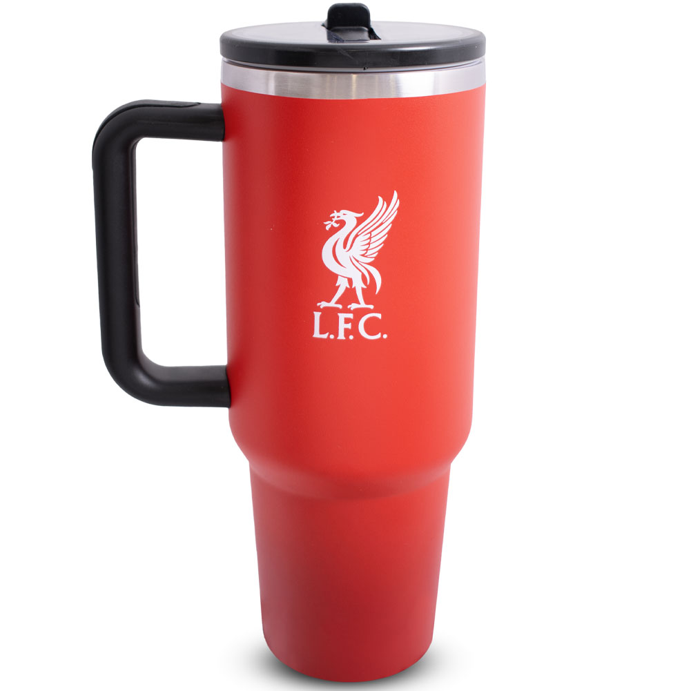 Red Liverpool FC 40oz thermal tumbler with soft grip handle and drinking spout