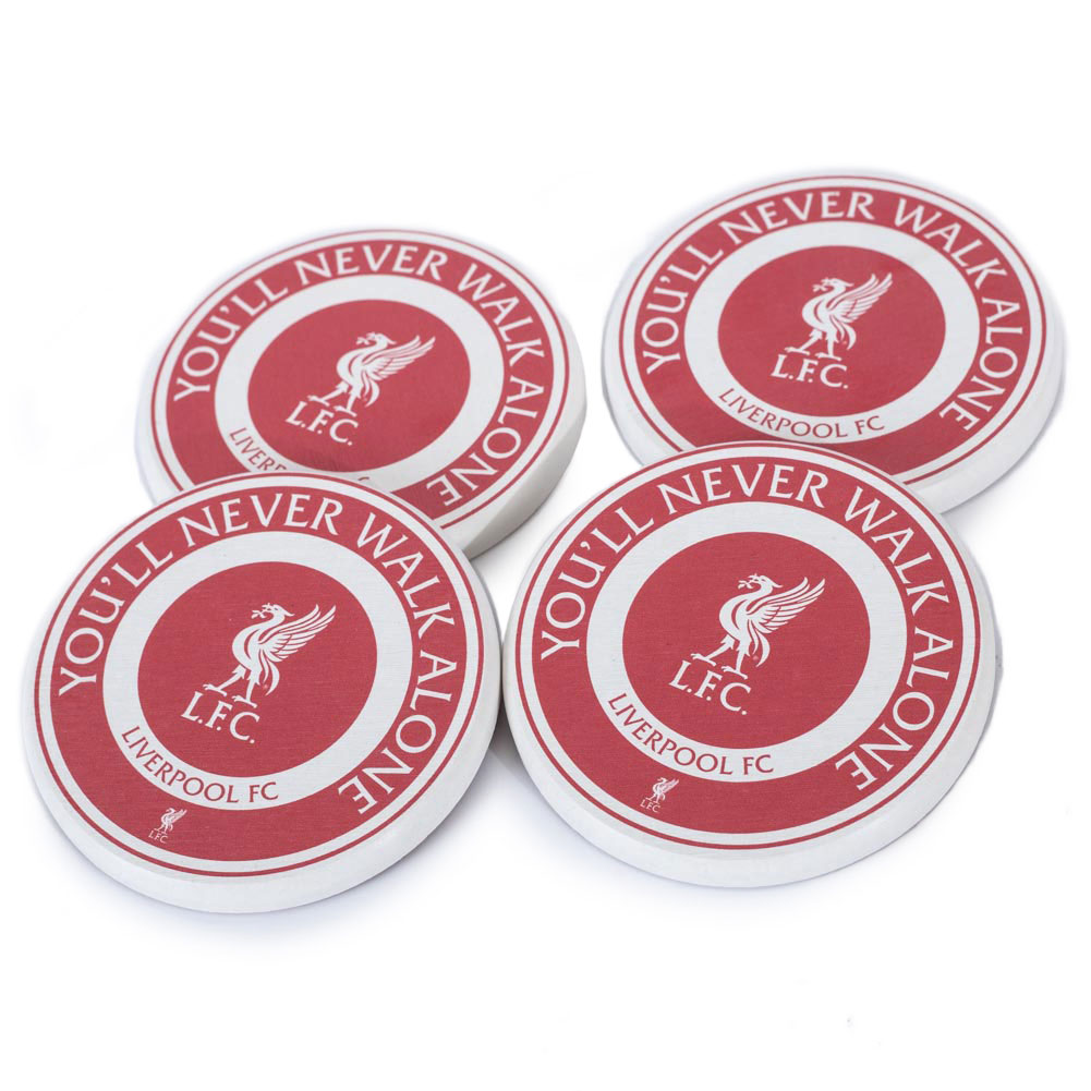 Set of four Liverpool FC ceramic coasters with a white Liverbird crest and You'll Never Walk Alone text