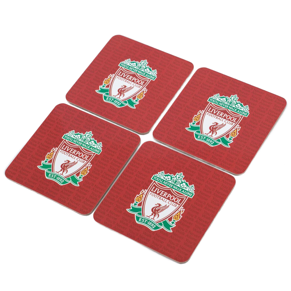 Set of four Liverpool FC red cork coasters each with a full colour Liverpool FC crest