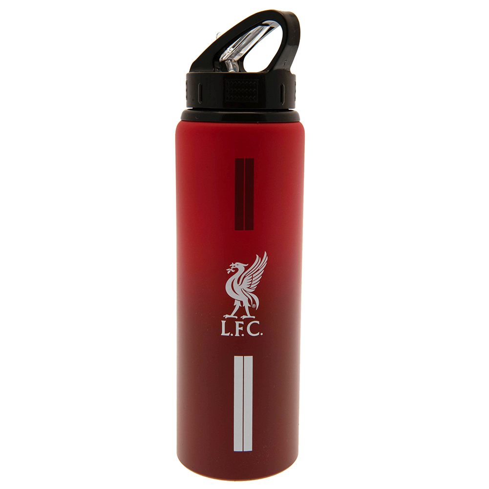 Liverpool FC 750ml aluminium drinks bottle with a vibrant stripe design and the Liverbird crest and text in white