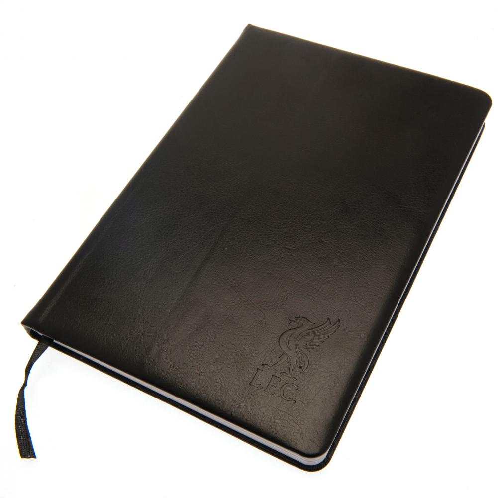 Liverpool FC A5 notebook with a black satin cover and embossed Liverbird crest