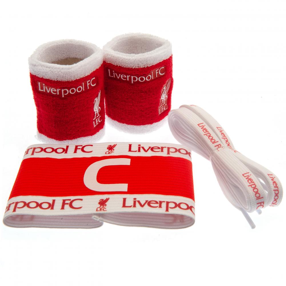 Liverpool FC accessories set with red and white wristbands, captain's armband and boot laces