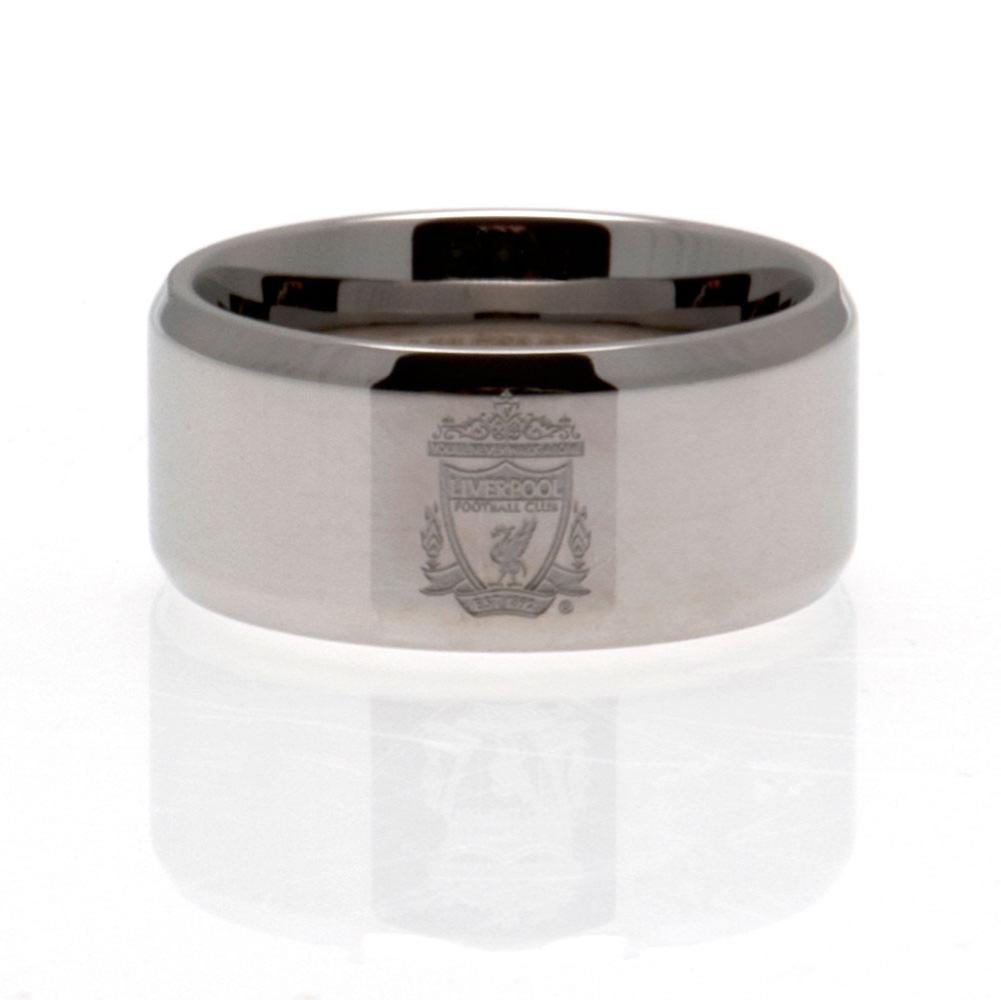 Liverpool FC stainless steel band ring with bevelled edge, chrome finish and an engraved Liverpool crest