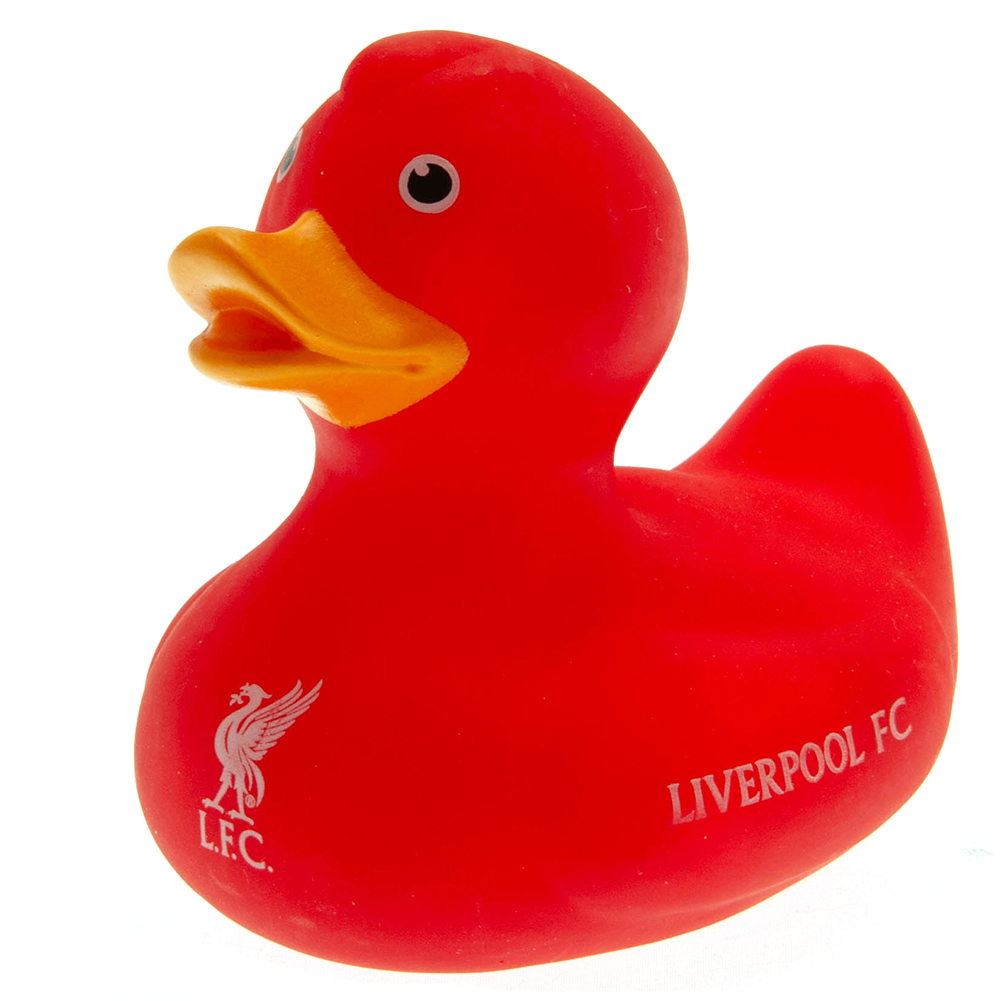 Red Liverpool FC bath time rubber duck with a yellow beak, Liverpool text and a white club crest