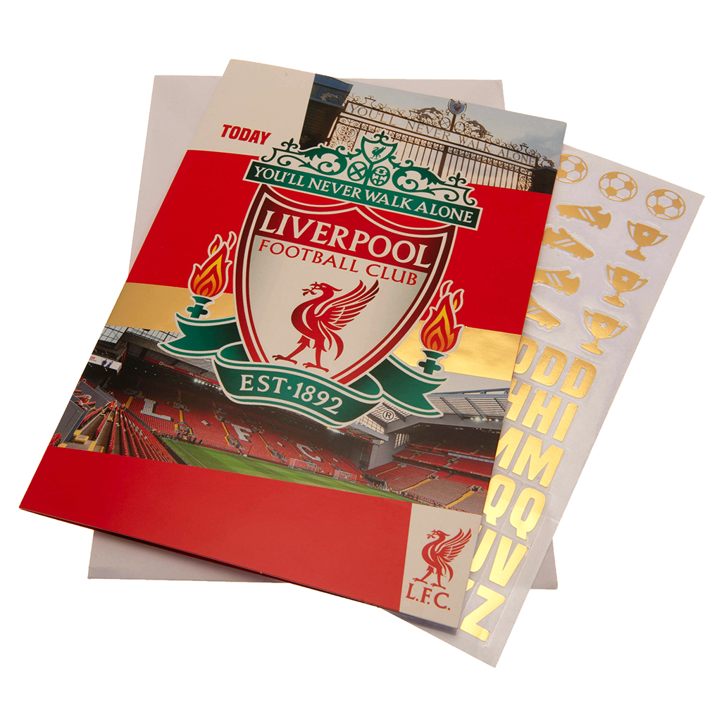 Liverpool FC red and white gloss birthday card with gold stickers and a space for name and age