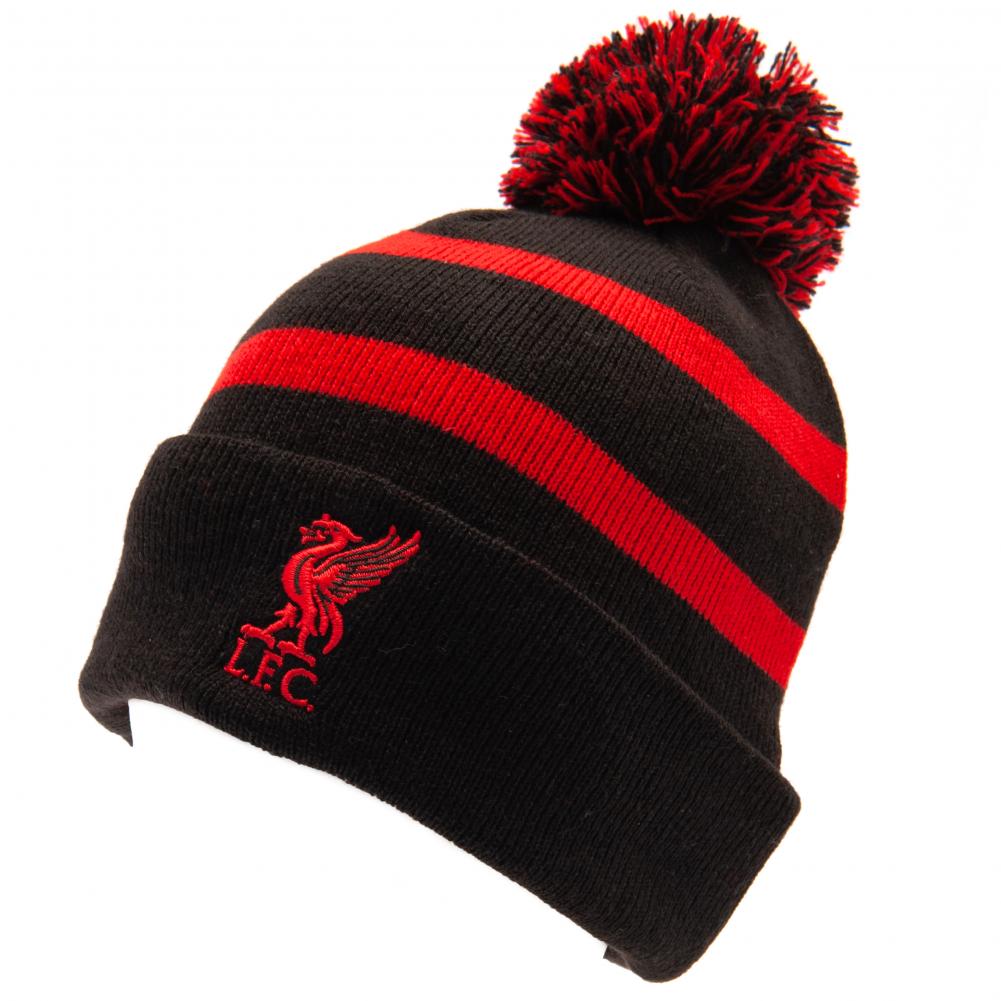 Liverpool FC black cuff knit bobble hat with a red stripe, red and black bobble and raised red crest