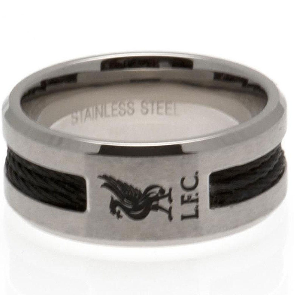 Liverpool FC stainless steel ring with a black rope insert, brushed satin finish and LFC Liverbird crest