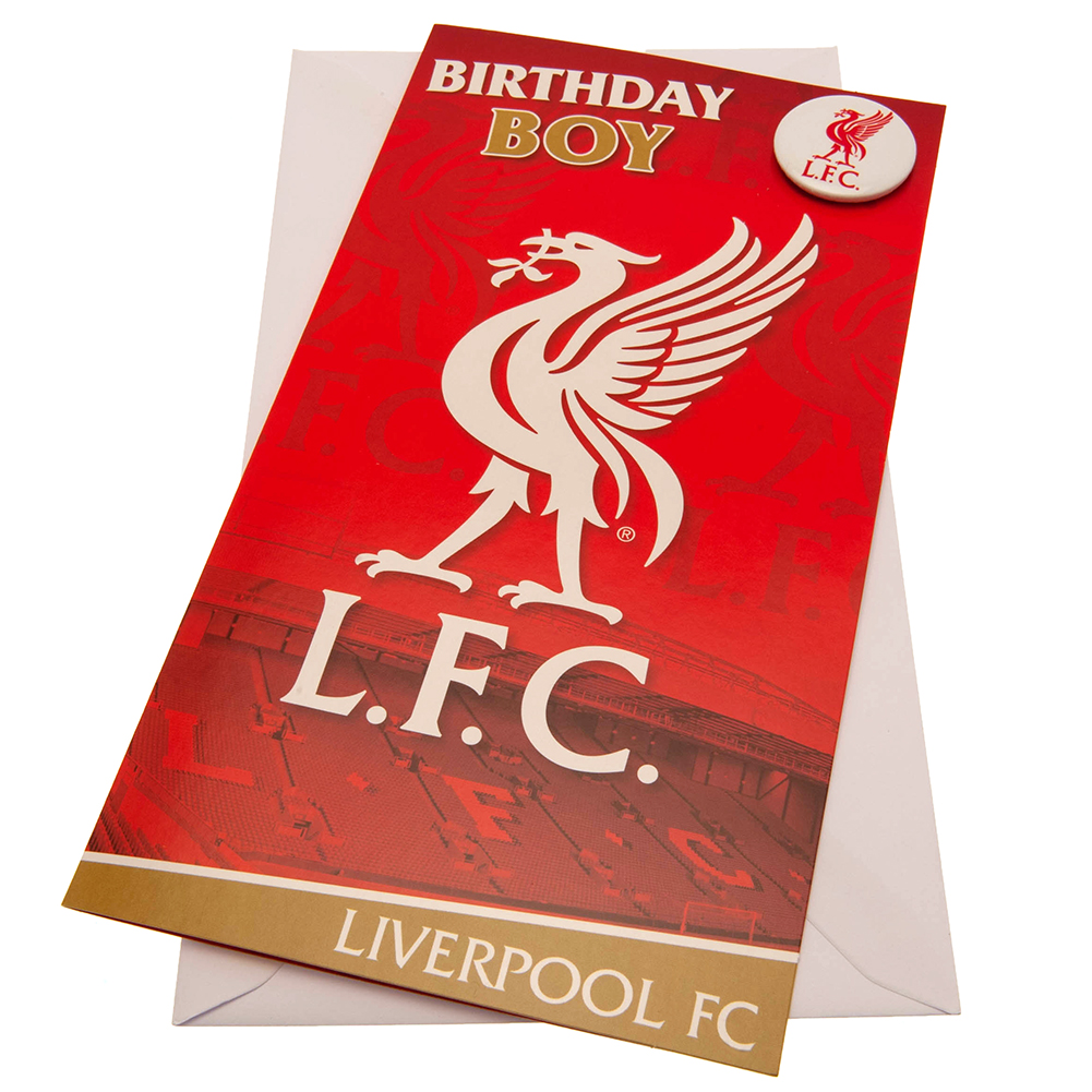 Liverpool FC gloss birthday card with a large Liverbird, Birthday Boy text and a Liverpool button badge