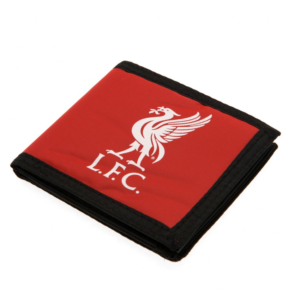 Red Liverpool FC canvas wallet with black trim and a white Liverbird club crest