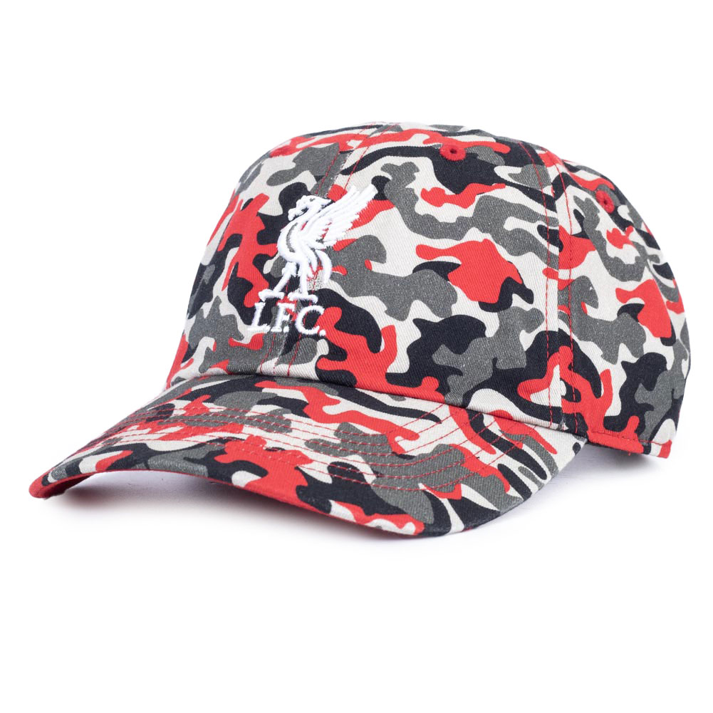 Liverpool FC red and grey camo curved brim cap with a white Liverbird in raised embroidery