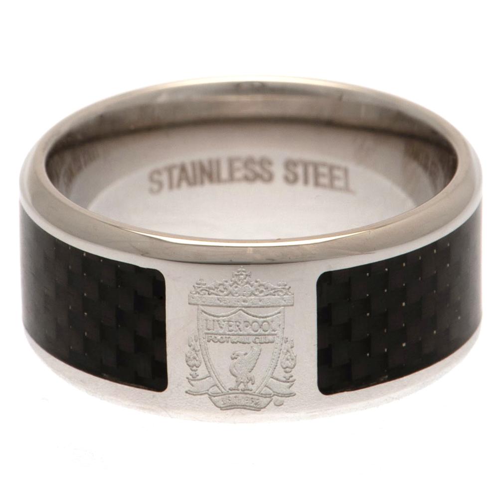 Liverpool FC stainless steel ring with a carbon fibre woven effect insert and engraved Liverpool crest